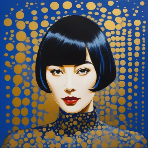 Prompt: a painting of a handsome woman with short hair, a fine art painting, by Yayoi Kusama, no gradients, following special sheath plus reckoning plus helmbreaker on metallic blue and metallic gold, (style:abstract expressionism:1.6)