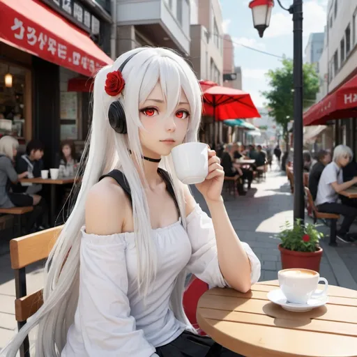 Prompt: Reference vocaloid Yowane Haku. create an image of Haku with her long white hair and bright red eyes drinking coffee sitting at an outside cafe. wide-shot, street scene, several people walking on the sidewalk, digital art