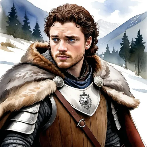 Prompt: an aquarelle illustration of Robb Stark as he is described in the song of ice and fire books, "Robb's appearance favors his Tully side, with a stocky build, blue eyes, and thick red-brown hair. He is strong and fast. He opens the series as a boy of fourteen years.[17] Robb wears a white cloak and surcoat[2] over his mail.[10] He wields a longsword[18] and an oak shield decorated with a direwolf's head.[19][10] Robb's horses include a big grey-and-white gelding,[18] a grey stallion,[10] and a piebald gelding.[10] Robb is better with a lance than his half brother, Jon Snow, although Jon is more skilled with a sword.[20]
Robb is his father Eddard's son, with a keen sense of justice[14] and courtesy.[19][21] He shares his father's devotion to honor[2] and is frequently accompanied by his direwolf, Grey Wind. Robb is a follower of the old gods.", hcr, uhd, very detailed, cinematic