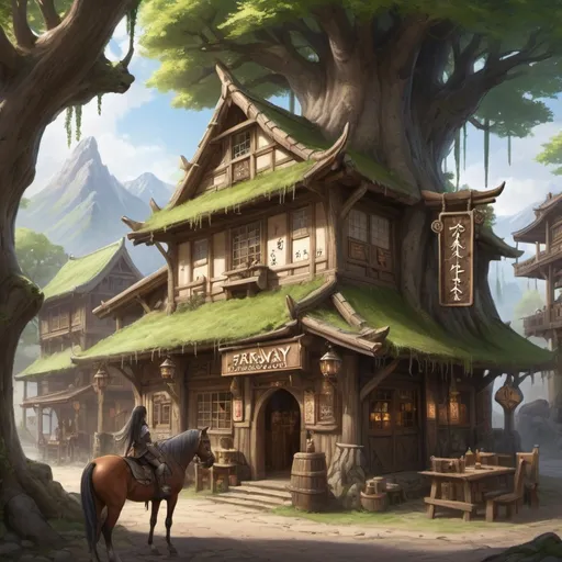 Prompt: Fantasy themed tavern call Faraway Inn, massive building, part of living tree, female elf with dusty cloak stabling her horse, signboard with ancient Japanese runes, "Welcome to the Faraway Tavern"