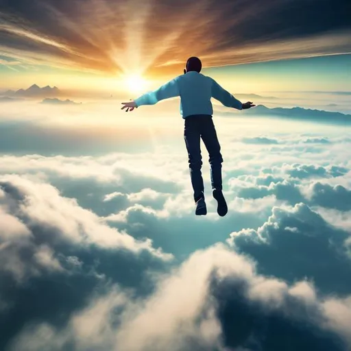 Prompt: Bright scenic picture of people ascending up in the clouds during the rapture
