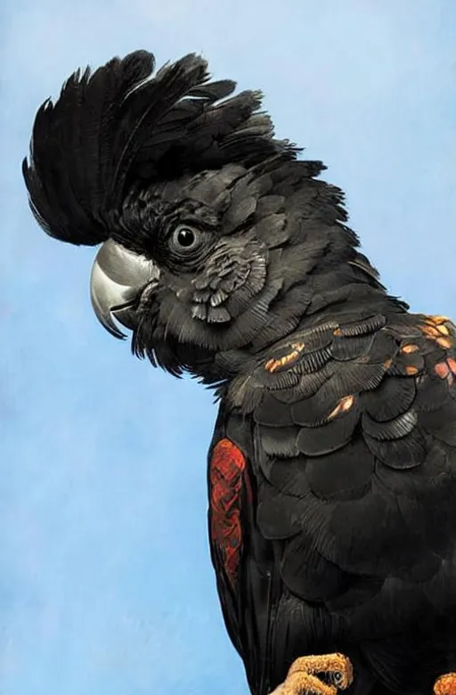 Prompt: Sparkling. A red tailed black cockatoo, portrait.  Art by van Gogh, Ana dittman, Ivan Bilibin, Jean-Baptiste Monge, pieter aertsen, robert bissell. Add Shimmering. 3d. Very clear resolution. Highly detailed.