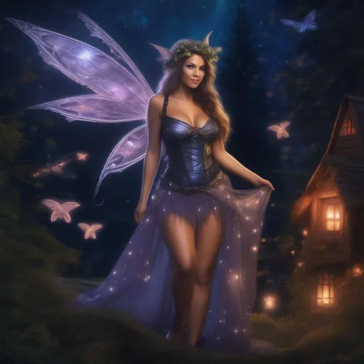 Prompt: Beautiful, full body view of a hyper realistic, buxom woman,  a fairy, witch, in a skimpy outfit on a breathtaking night with flying fairies around.