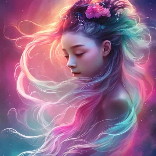 Prompt: Bloom, Nebula, Young girl, Long Flowing hair, Flowery, Dynasty