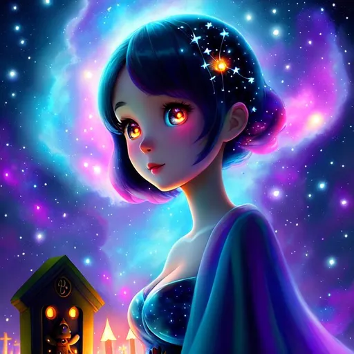 Prompt: Cute Pixar style painting, an adorable spirit woman, graveyard, midnight, see-through skin,  floating, nebula, galaxy, stars, fireflies, glowing eyes, glowing, Graves, cemetery