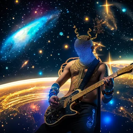 Prompt: A male faceless humanoid creature consisting of constellations, playing the guitar, Shirtless, 4K, HD, Hindu clothing, bald, gold beads, centered