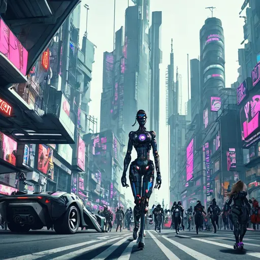 Prompt: Cyborg woman walking down street, Cyberpunk styled city, futuristic cars flying overhead, large crowd of people populating streets