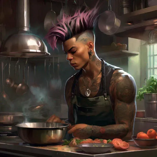 Prompt: "punk in the kitchen, man cooking, looking discontent and gloomy, with muted colors, Low contrast, and a somber atmosphere, Moody, Melancholic, Detailed, highly evocative, trending on deviantart, art by loish and magali villeneuve and ross tran | centered"
