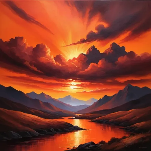 Prompt: Fiery sunset landscape, oil painting, silhouetted mountains, vibrant orange and red hues, dramatic clouds, high quality, realistic, warm tones, atmospheric lighting