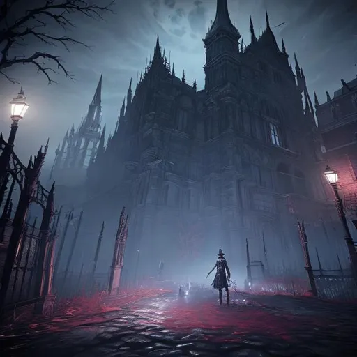 Prompt: bloodborne style, a mysterious town with blood in the streets