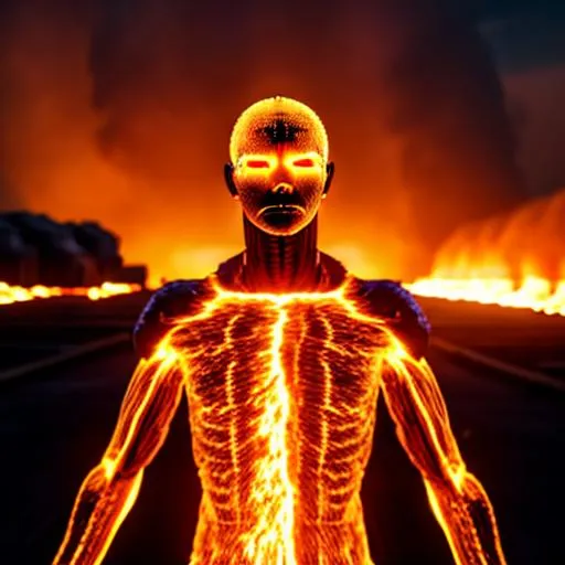 Prompt: Human like creatures made of fire, skylight background, animated