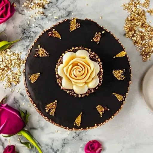 Prompt: birthday cake, grape filling, diamond, sprinkled with 4k gold, 4k, the table is covered with a rose flower, light background