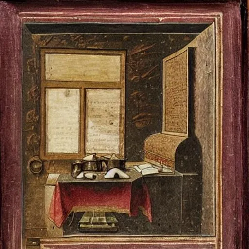 Prompt: A portrait of an ancient manuscript sitting on a table in a small kitchen in front of a fireplace