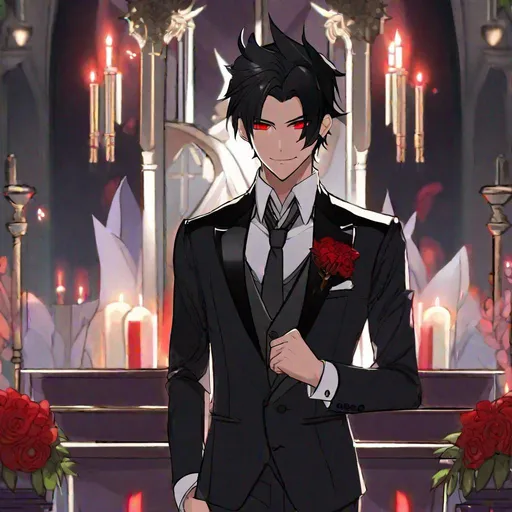 Prompt: Damien  (male, short black hair, red eyes) demon form, wearing a tuxedo, standing at the altar, grinning seductively
