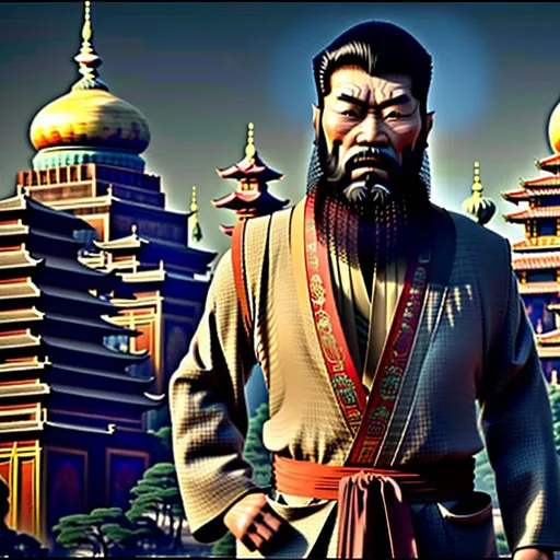 Prompt: A captivating image emerges - a bearded Asian man donning a unique fusion of Eastern and Western attire. His long necktie adds a touch of formality, while his overcoat robe makes his outfit look similar to a business suit. He radiates strength, resembling a terra cotta warrior in a necktie. The scene is set amidst the backdrop of domed buildings, evoking a realistic and picturesque landscape. The photograph captures the essence of this intriguing blend, inviting viewers to delve deeper into the fusion of cultures.