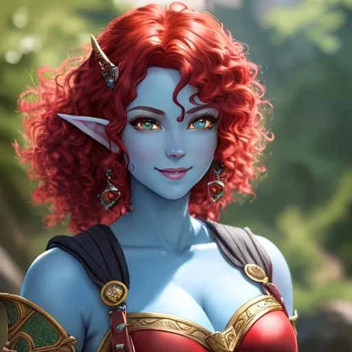 Prompt: oil painting, D&D fantasy, Blue-skinned-human girl, Blue-skinned-female, slender, elf ears, beautiful, short bright red hair, curly hair, smiling, pointed ears, looking at the viewer, Ranger wearing intricate adventurer outfit, #3238, UHD, hd , 8k eyes, detailed face, big anime dreamy eyes, 8k eyes, intricate details, insanely detailed, masterpiece, cinematic lighting, 8k, complementary colors, golden ratio, octane render, volumetric lighting, unreal 5, artwork, concept art, cover, top model, light on hair colorful glamourous hyperdetailed medieval city background, intricate hyperdetailed breathtaking colorful glamorous scenic view landscape, ultra-fine details, hyper-focused, deep colors, dramatic lighting, ambient lighting god rays, flowers, garden | by sakimi chan, artgerm, wlop, pixiv, tumblr, instagram, deviantart