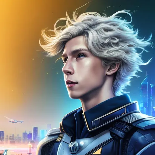 Prompt: beautiful mid-twenties french male, long golden blonde hair, grey eyes, thoughtful, smile, black uniform, vaporwave, futuristic spaceship bridge, portrait, realistic details, photorealistic, 8k render, cinematic lighting, ultra detailed