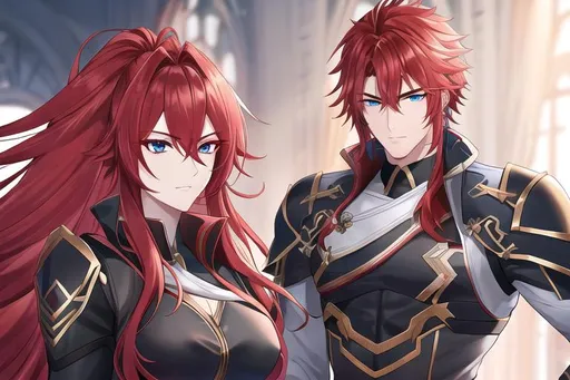 Prompt: Zerif 1male (Red side-swept hair falling between the eyes, sharp and sassy blue eyes), highly detailed face, 8K, Insane detail, best quality, UHD, handsome, flirty, muscular, Highly detailed, insane detail, high quality. 