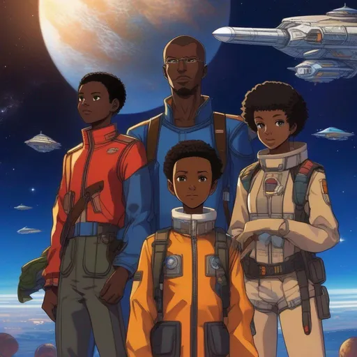 A scifi african family ready to embark for space Brightfull colors Male in diplomatic vest Cure c