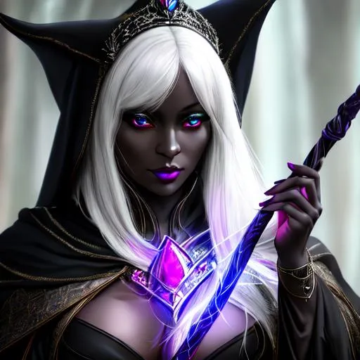Prompt: Woman, pathfinder, drow, dark elf, witch, dark robes, holding a dark staff, stunning, gorgeous, fit, queen, fantasy, UHD, 8k, high quality, ultra quality, perfect composition, trending art, trending on artstation, sharp focus, studio photo, intricate details, cinematic lighting, special effects, hyper realism, hyper realistic, Very detailed, high detailed face, high detailed eyes, full body