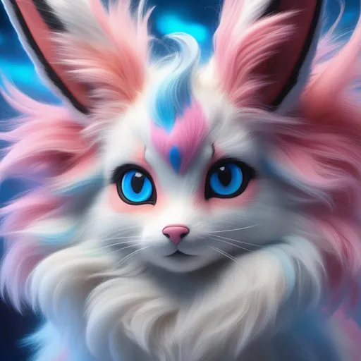 Prompt: Sylveon, epic oil painting, realistic, photograph, hyper real, furry, hyper detailed, beautiful, UHD, studio lighting, best quality, professional, 8k eyes, 8k, highly detailed, highly detailed fur, canine quadruped, (high quality fur), fluffy, fuzzy, full body shot, zoomed out view of character, perfect composition, trending, instagram, artstation, unreal engine, high octane, cute, adorable smile, peaceful, highly detailed background, vivid vibrant, concept art, character reveal, extremely detailed fur, rich shading, vivid colors, high saturation colors