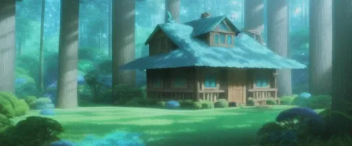 Prompt: Old cyan house in lush blue forest at noon, DVD Screengrab from Walt Disney Animation Studios 2021 movie