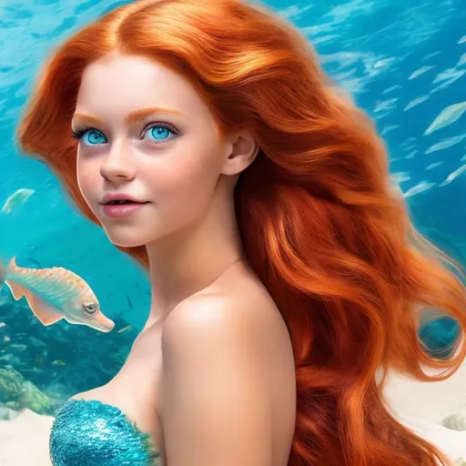 Prompt: professional photo disney mermaid as live action human woman hd hyper realistic beautiful red hair light skin blue eyes beautiful face  mermaid tail enchanting
on the beach hd background with live action realistic starfish