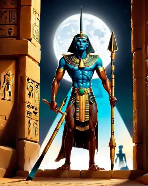 Prompt: Amon ra gate keeper with spear in front of the door of pyramid  around moonlight 