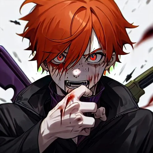 Prompt: Erikku male adult (short ginger hair, freckles, right eye blue left eye purple) UHD, 8K, Highly detailed, insane detail, best quality, high quality, covered in blood, covering his face with his hand, wide eyes, insane, fear, threatening, fighting, psychopathic, anime style, fighting with a shotgun