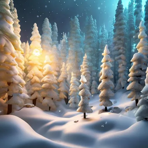 Prompt: winter forest surrealist cartoon soft lighting stable render blender impressionist high detail