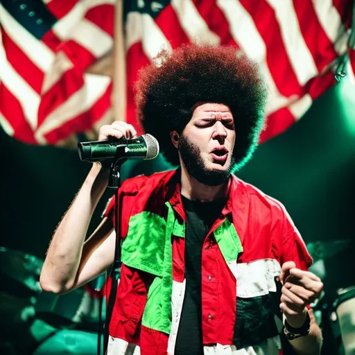 Prompt: white man with large afro singing into a microphone on a stage with american flags and marshall amplifiers his face is sweating and he is dressed in green lamay

