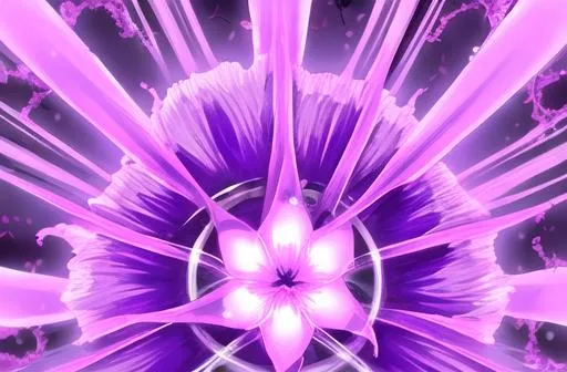 Prompt: Hight quality, Anime, A flower in the middle of no wear it is glowing bright Pastel violet,It is magenta colored flower. 