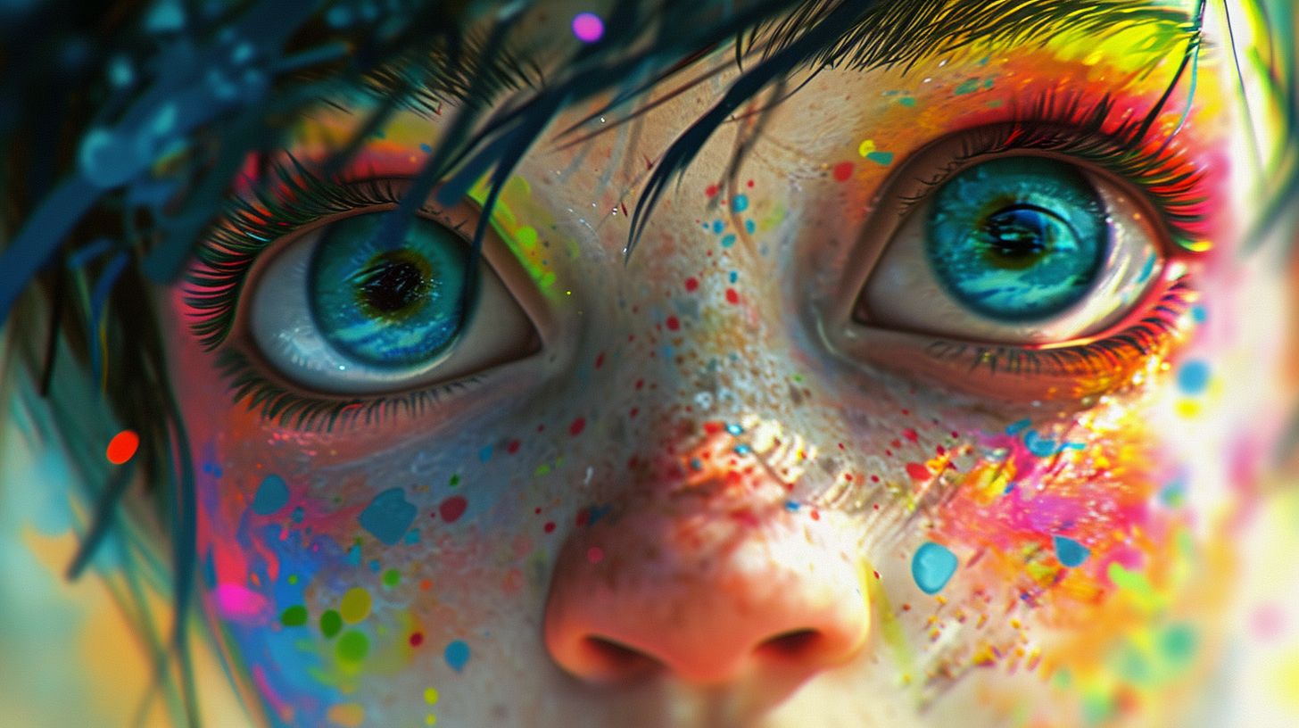 Prompt: A macro photography style image of a caricature-like cartoon girl with large, expressive eyes featuring various colors. The style should mimic psychedelic rock, with vibrant, colorful details, resembling a close-up macro photograph. The image echoes the artistic influence of Thomas Nast and iconic album covers, in a wide ratio format, with emphasis on detailed textures and photographic realism.