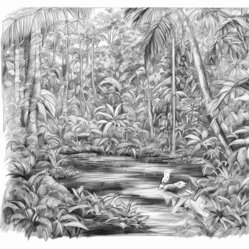 Prompt: Black and white sketch of "Exploring the Rainforest Habitat"
