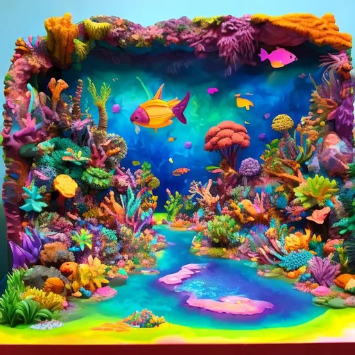 Prompt: Coral reef diorama in the style of Lisa frank