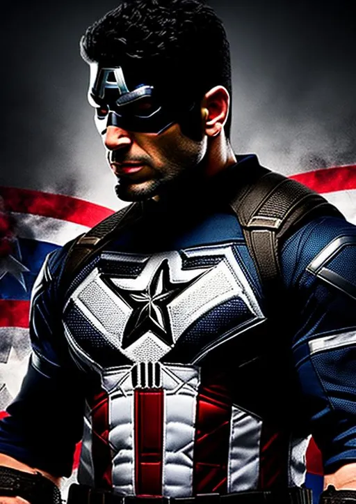 Prompt: High-resolution hyperrealistic photo of {the punisher} [frank castle] merged with captain america {steve rogers}, skull logo, black and crimson and grey costume, uhd, hdr, 64k