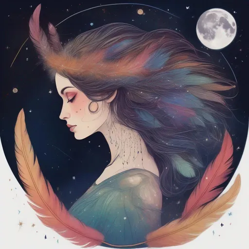 Prompt: Colourful and beautiful Persephone with owl feathers for hair, wearing a dress made of feathers, in a painted style framed by constellations and the moon in outer space