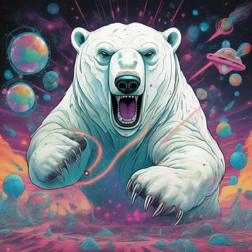 Prompt: A POLAR BEAR FIGHTS WITH LASER EYES FIGHTS AGAINST ALIENS IN A PSYCHEDELIC SPACE