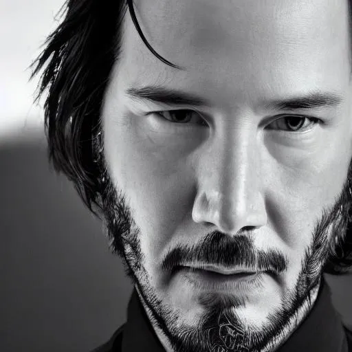 Prompt: photo realistic portrait of {Keanu Reeves}, centered in frame, facing camera, symmetrical face, ideal human, 85mm lens,f8, photography, ultra details, natural light, light background, photo, Studio lighting