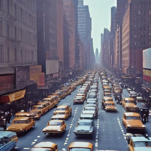 Prompt: a high quality of a busy new york city street 1960s, early morning rush hour, morning light,  light blue sky nice weather high quality 4k