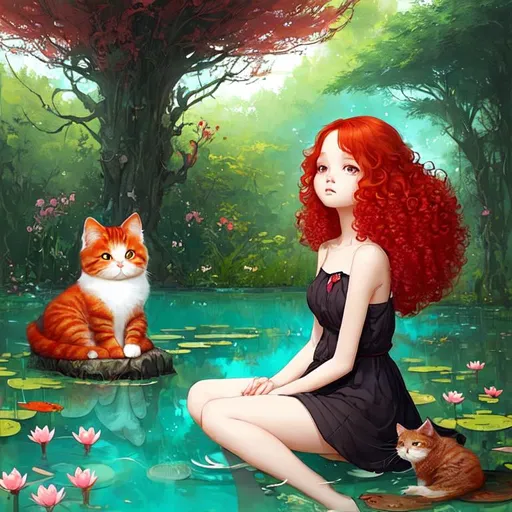 Prompt:  A very cute girl, curly gradient red hair,  sitting next to a pond with her feet inside it's crystal clear waters. Her cute fluffly cat is right by her side resting its head on her shoulder. Spring time.  Art the style by Duy Huyn, Esao Andrews, Catrin Welz-Stein, Susan Rios and laura Diehl.