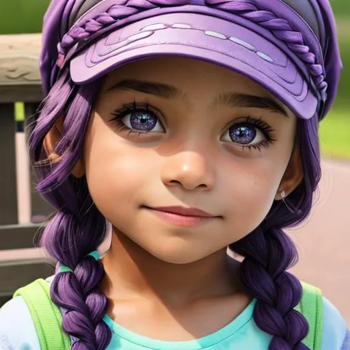 Prompt: little girl wearing purple,  a cap, with braids, facial closeup