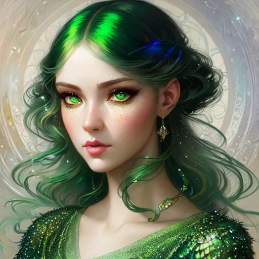 Prompt: A beautiful woman, beautiful face, stunning snake green eyes, ombre gradient green hair, delicate dress made of gradient iridescent snake scales details by pino daeni, tom bagshaw, Cicely Barker, Daniel Merriam, intricate details by Andrew atroshenko, James Jean, Mark Ryden, charlie bowater, WLOP, Jim burns, esao Andrews, Megan duncanson, beautiful portrait , very detailed, high definition, crisp quality, cinematic smooth, cinematic lighting, ultrarealistic, crispy focus 