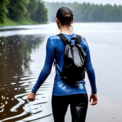 Prompt: woman standing on the lake shore on the heavy rain, fully clothed in white sneakers, tight long black leggings, ((tight long sleeved blue t-shirt)), without jacket,with small black backpack on the back, clothes become soaked and wet from rain, soaked and wet hair,
detailed soaked and wet  fabric texture, 
soaked and wet clothes, dripping water and hanging on body, 
showing body outline, under wear.
