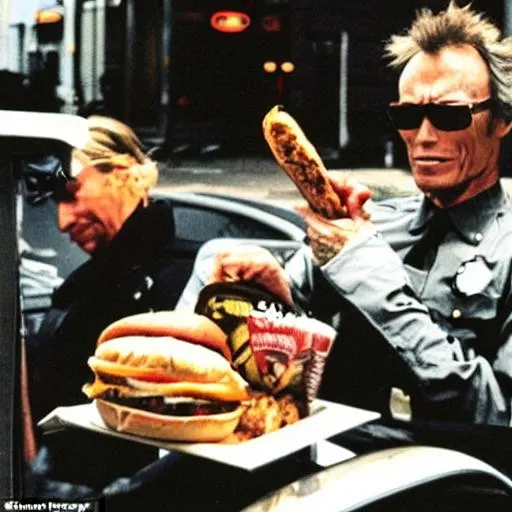 Prompt: Clint Eastwood eating a hamburger in a police car, grainy photo, on streets of San Francisco, with scary hookers walking by, sunny day, next to a McDonald’s 