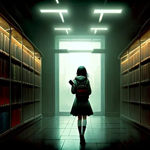 Prompt: A teenage girl in a deserted bookstore, at night, creepy, dark, in the limbo, Silent Hill inspired, game artwork, extremely detailed painting by Greg Rutkowski and by Henry Justice Ford and by Steve Henderson.