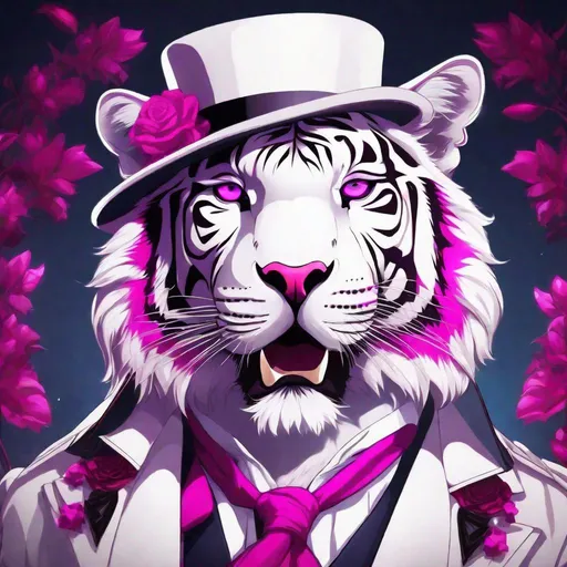 Prompt:  a massive rockstar white bengal tiger, with sharp fuchsia eyes. Human form. They identify as male,  Wearing a top hat, and they can be seen holding a weapon. Anime style. 