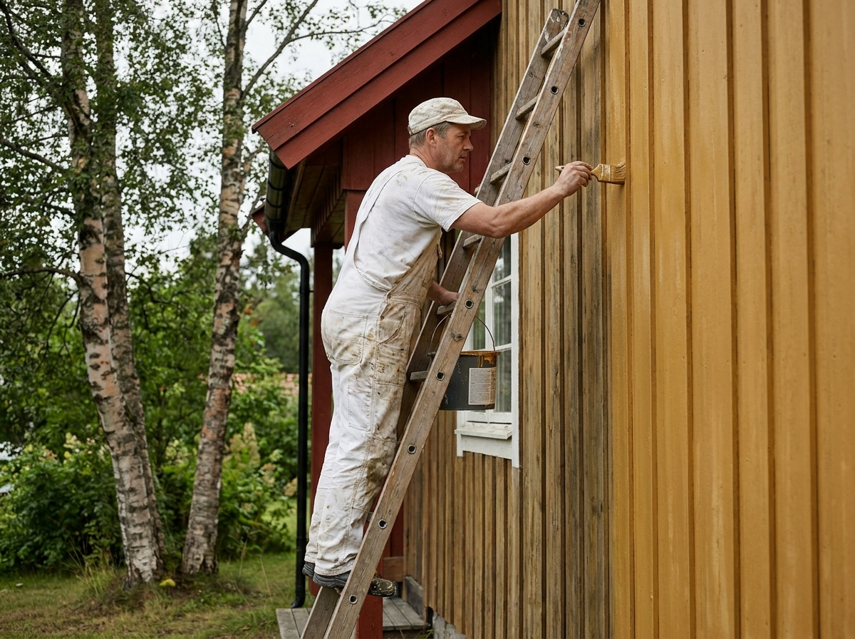 Maler på stige maler oker trekledning på norsk hus.