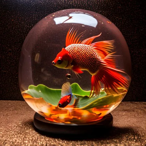 Prompt: A lone, red siamese fighting fish swims in a small oval fishbowl, with a ceramic pineapple fish house