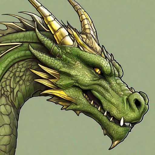 Prompt: Concept design of a dragon. Dragon head portrait. Side view. Coloring in the dragon is predominantly olive green with gold streaks and details present.